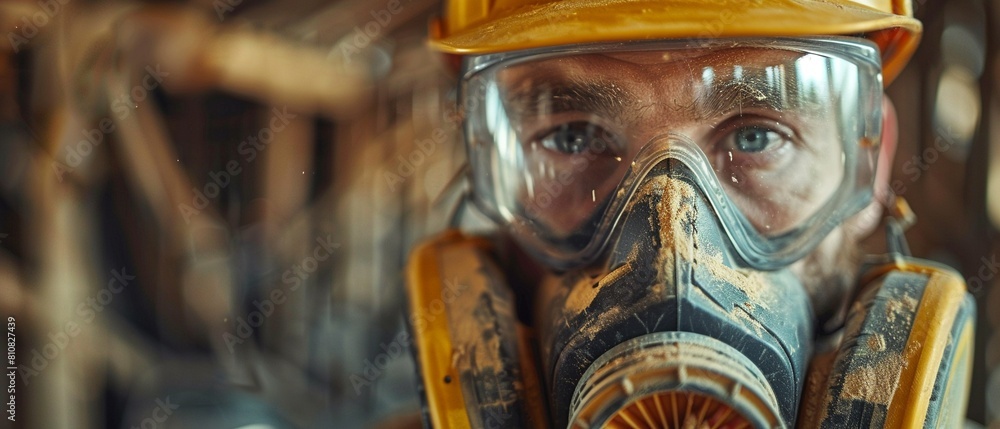 Worker wearing a dust mask while sanding wood, emphasizing safety in a highquality home renovation advertisement 8K , high-resolution, ultra HD,up32K HD Worker wearing a dust mask while sanding wood, emphasizing safety in a highquality home renovation advertisement 8K , high-resolution, ultra HD,up32K HD
