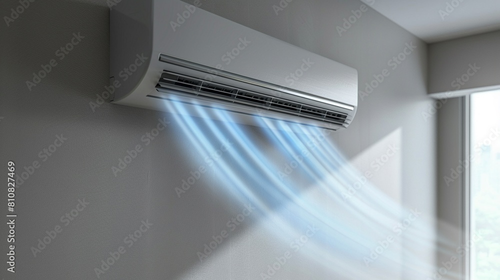 Detailed shot of an air conditioner on a white wall, cooling the room with a gentle breeze Detailed shot of an air conditioner on a white wall, cooling the room with a gentle breeze