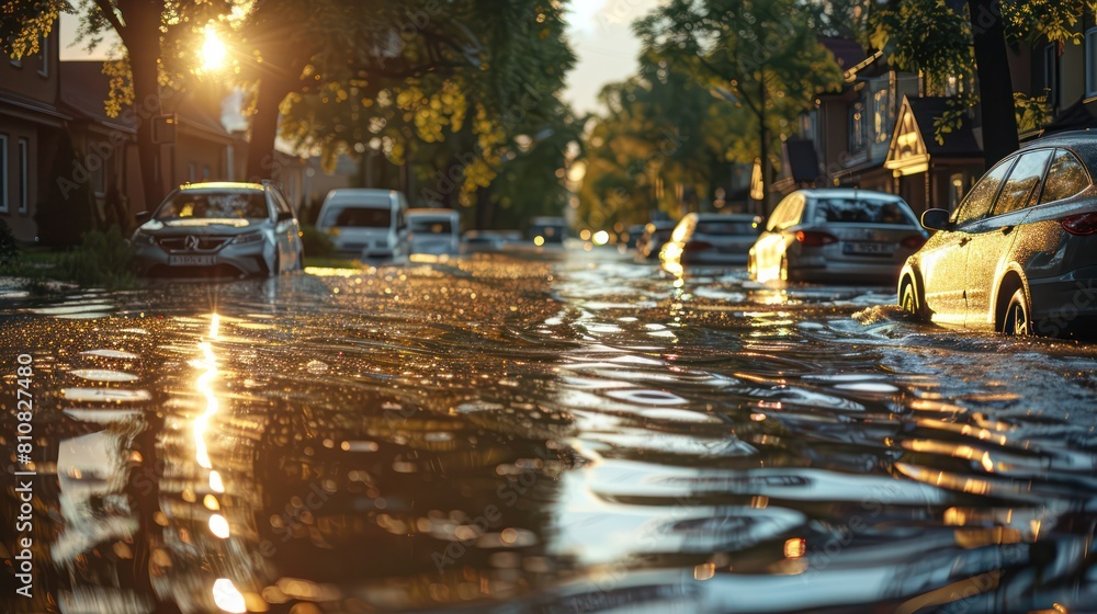 Severe flooding in urban residential area, cars half-submerged. Severe flooding in urban residential area, cars half-submerged.