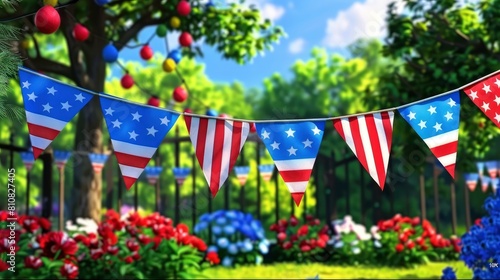 Memorial Day Decorations Creating A Flag Bunting To Hang Across The Porch Or Fence, Adding A Festive Touch To The Outdoor Space., Background © NeuroPix