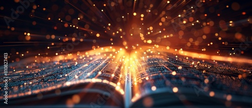 Illustration of light beams from a book and a computer merging, representing blended learning 8K , high-resolution, ultra HD,up32K HD © ธนากร บัวพรหม