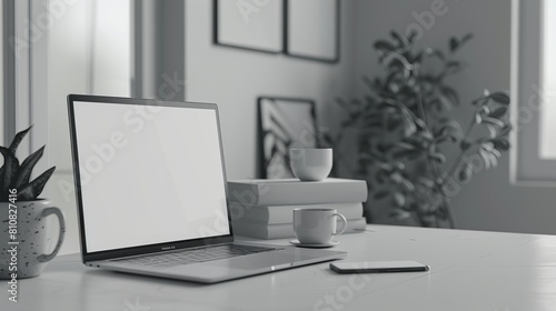 In this close-up view, a modern white workspace is depicted, featuring a laptop with a blank screen mockup. Alongside the laptop, there's a book, a coffee cup, and decorative items neatly arranged