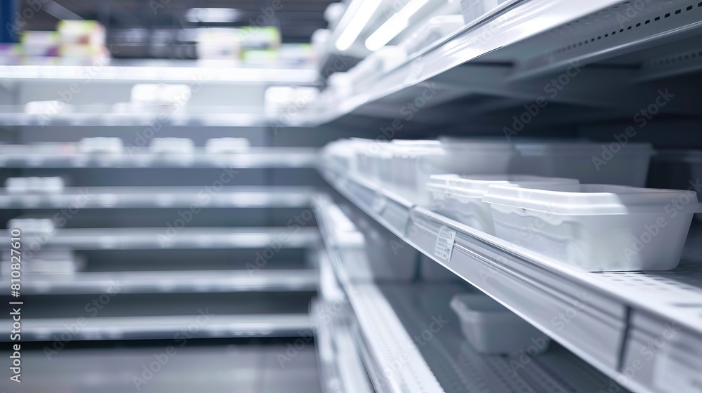 In a close-up shot of a white supermarket shelf, the clean and minimalist design of the shelving unit is highlighted. The shelves are neatly arranged and well-lit, providing an inviting display space In a close-up shot of a white supermarket shelf, the clean and minimalist design of the shelving unit is highlighted. The shelves are neatly arranged and well-lit, providing an inviting display space