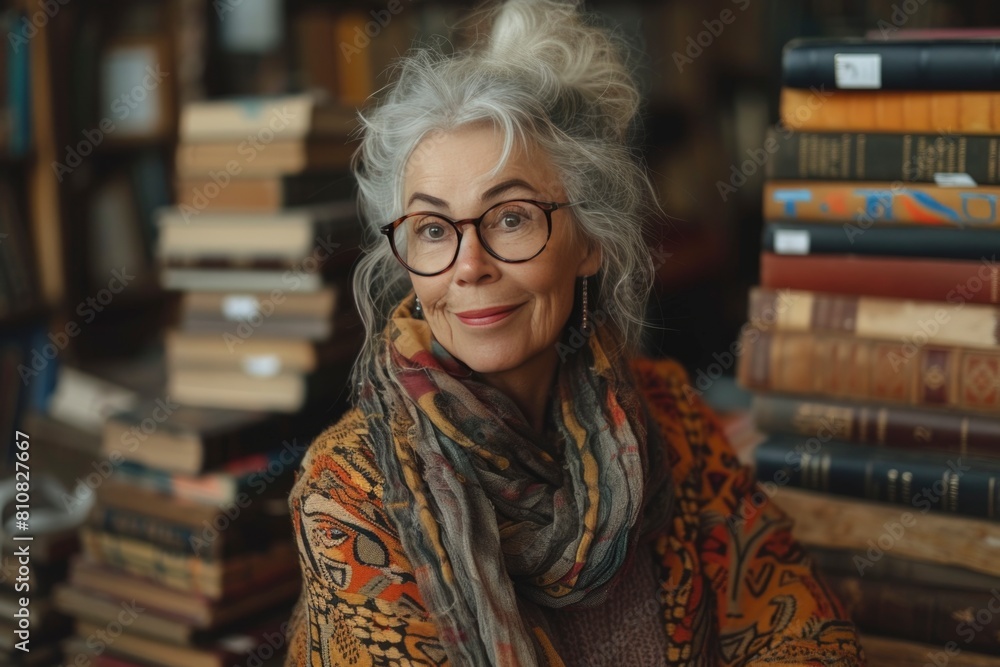 portrait of aged woman in bookstore. self care, relation, enjoy concept. portrait of aged woman in bookstore. self care, relation, enjoy concept.