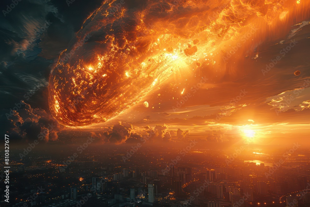 Meteors in the sky are about to fall on the city. The setting sun is scary. Meteors in the sky are about to fall on the city. The setting sun is scary.