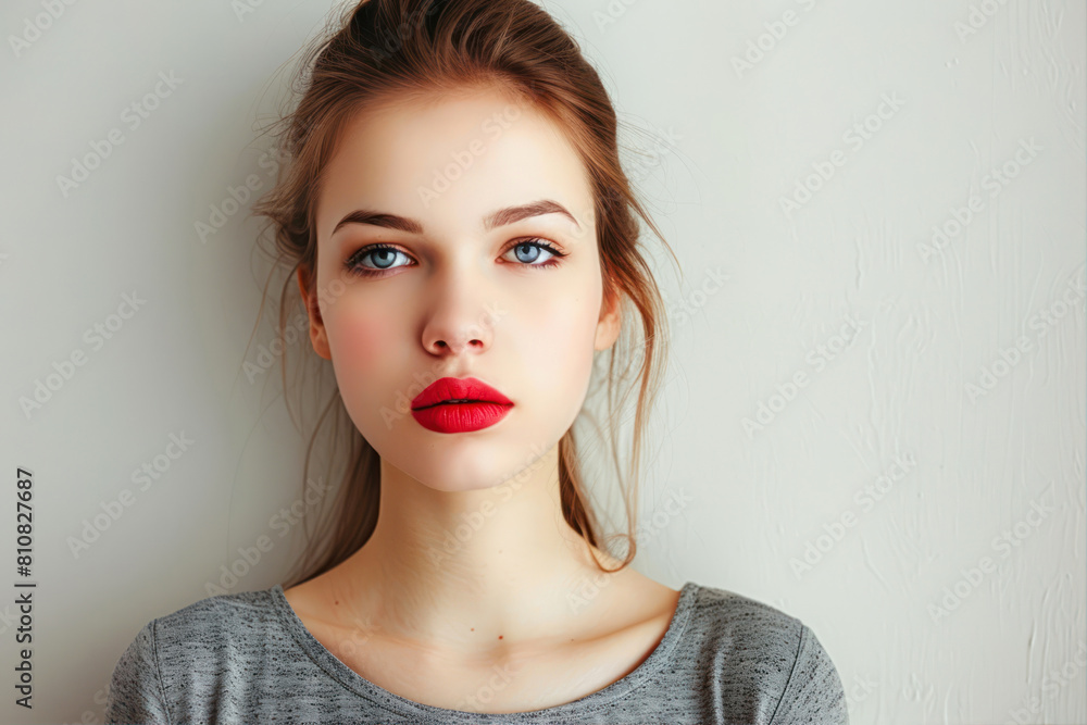 Portrait of beautiful young woman with red lips and bright makeup.
