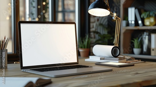 The close-up workspace features a laptop with a white screen mockup, positioned prominently on the desk. Next to the laptop is a stack of books, various stationery items, including pens and pencils, 
