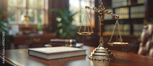 An image of an elegant desk setting with a legal document on international regulations, with golden scales of justice in the frame 8K , high-resolution, ultra HD,up32K HD