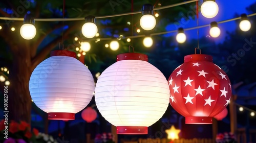 Memorial Day Decorations Making Paper Lanterns In Patriotic Colors To Hang From Trees Or Pergolas  Illuminating The Outdoor Space.  Background