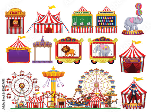Vibrant circus scene with tents, animals, and games