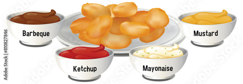 Vector illustration of chicken nuggets and sauces