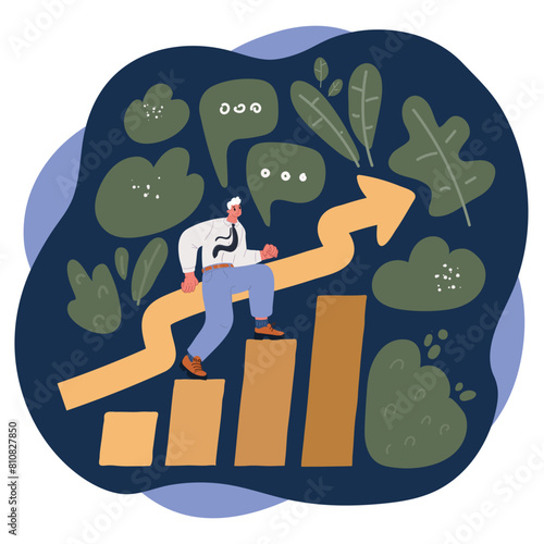 Cartoon vector illustration of ambitious business man climbing up graph columns. Arrow rising up over dark background