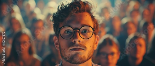 Developing Markets and Financial Opportunities: Delegate Watches Inspirational Entrepreneurship Presentation in Crowded Audience at a Business Conference. Man in Glasses. photo