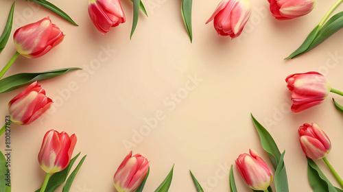 Frame made of beautiful tulip flowers on beige background