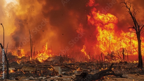 Fires  buildings  mass destruction and chaos. climate change catastrophe