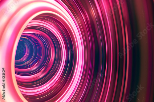 Pink neon glow simulates high-speed rotation using lines. Spiral effect. There is hole in the middle of the lines. Abstract background