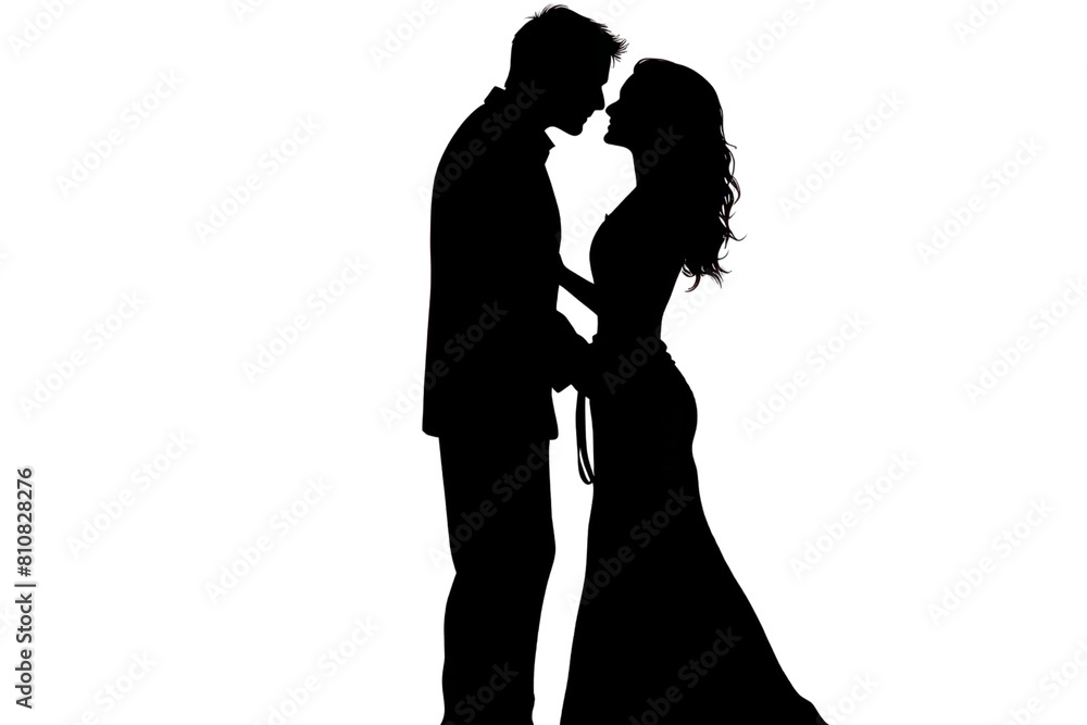 A couple is kissing in a wedding dress. The man is holding the woman's hand. Concept of love and romance