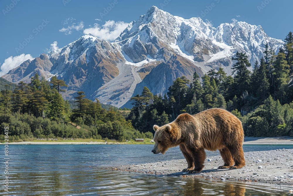 A solitary bear walks along a riverbank with towering snow-covered mountains providing a dramatic backdrop to the scene A solitary bear walks along a riverbank with towering snow-covered mountains providing a dramatic backdrop to the scene