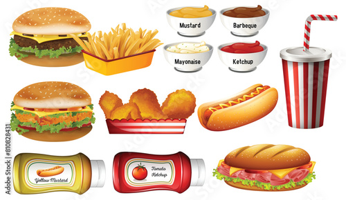 Collection of fast food items and condiments