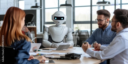 A robot leads a meeting with attentive business professionals, demonstrating the integration of AI in modern corporate strategy discussions. AIG41