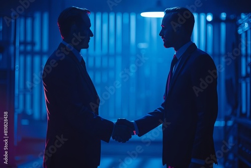 Nice to meet you in our team Friendly man leader boss shake hand of new staff member welcome young male on job in corporate department Professional businesspeople reached agreement