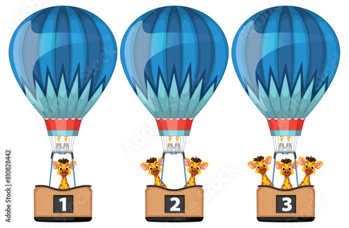 Three colorful hot air balloons with giraffes