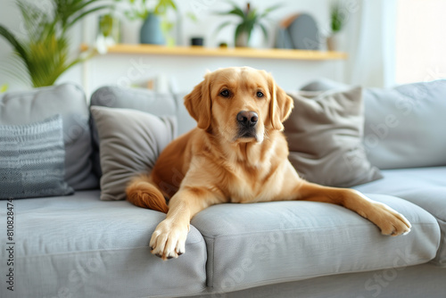 Contemporary Comfort Modern Living Room Golden Labrador Retriever Adds Warmth Stylish Interior Combining Canine Charm with Design Finesse