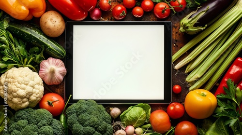 With a mockup white screen  the tablet offers versatility for various digital presentations or applications related to food  cooking  or nutrition.