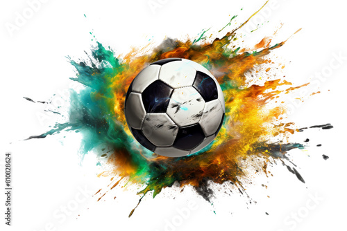 A soccer ball is surrounded by a colorful explosion of paint. The ball is the main focus of the image, and the explosion of paint creates a dynamic and energetic atmosphere