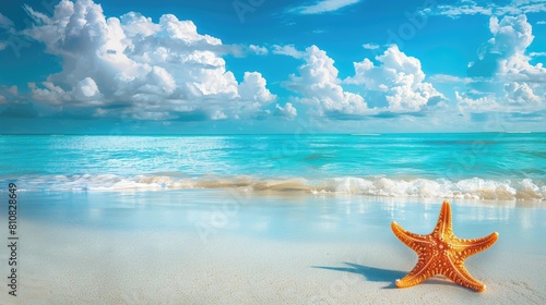 a starfish resting gracefully on the beach, with sand and sea water surrounding it, set against a backdrop of blue sky and white clouds, leaving empty space for text or product display.