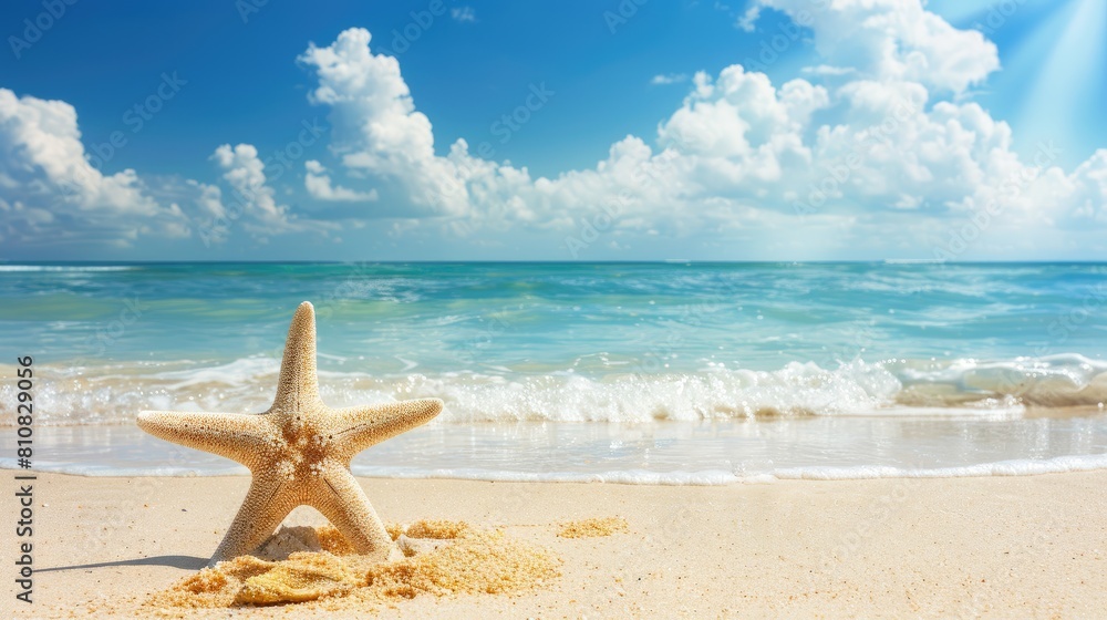 a starfish resting gracefully on the beach, with sand and sea water surrounding it, set against a backdrop of blue sky and white clouds, leaving empty space for text or product display. a starfish resting gracefully on the beach, with sand and sea water surrounding it, set against a backdrop of blue sky and white clouds, leaving empty space for text or product display.