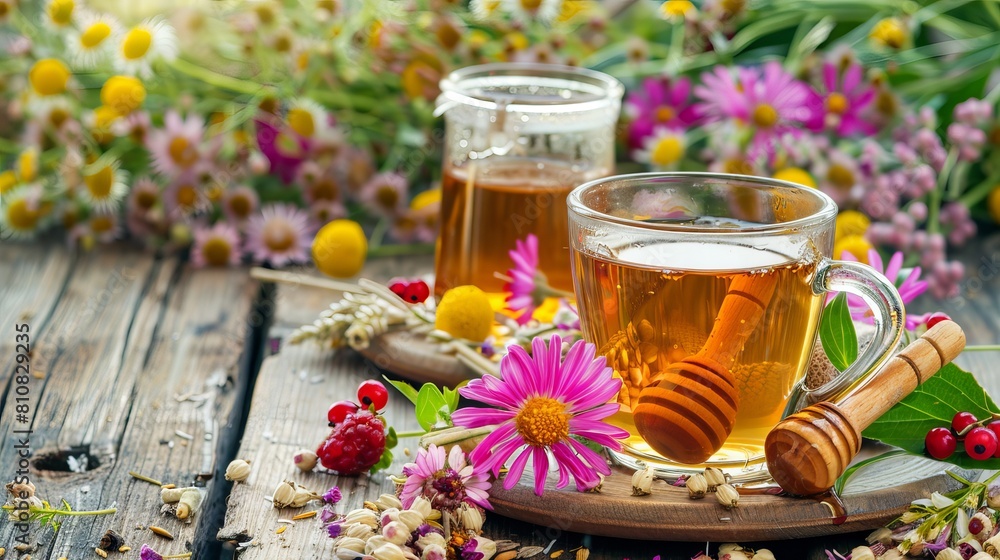 The herbal tea arrangement consists of a steaming cup of tea adorned with wild berries and delicate flowers, accompanied by a jar of honey on a rustic wooden background. The warm hues of the tea, comp The herbal tea arrangement consists of a steaming cup of tea adorned with wild berries and delicate flowers, accompanied by a jar of honey on a rustic wooden background. The warm hues of the tea, comp