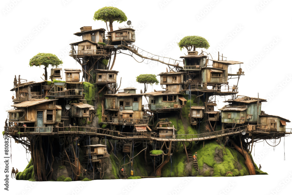 A large building with many small houses on top of it. The building is made of wood and has a lot of trees growing out of it. Scene is peaceful and serene, as the houses are surrounded by nature