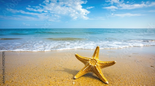 a starfish resting gracefully on the beach  with sand and sea water surrounding it  set against a backdrop of blue sky and white clouds  leaving empty space for text or product display.