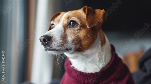 Jack russell terrier dog wearing burgundy shirt. Generative Ai