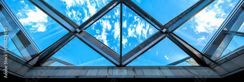 abstract patterns in urban skylights create a mesmerizing view of a building, with a clear blue sky and white clouds in the background, and a glass window in the fore