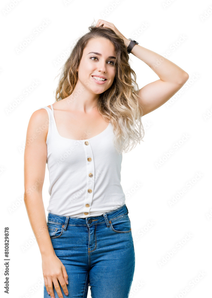 Beautiful young blonde woman over isolated background Smiling confident touching hair with hand up gesture, posing attractive Beautiful young blonde woman over isolated background Smiling confident touching hair with hand up gesture, posing attractive