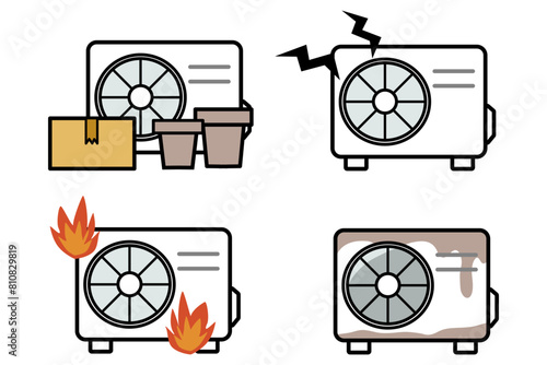 エアコンの室外機のトラブルに関係するイラストセット