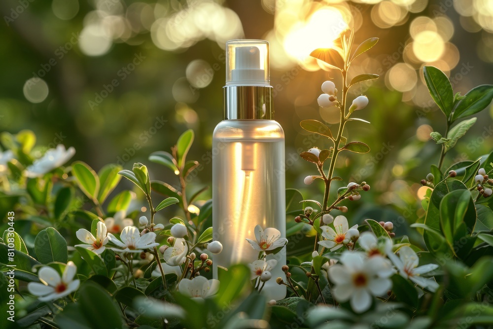 Sunlight beautifully catching a transparent perfume bottle among white flowers, denoting purity and a delicate scent Sunlight beautifully catching a transparent perfume bottle among white flowers, denoting purity and a delicate scent