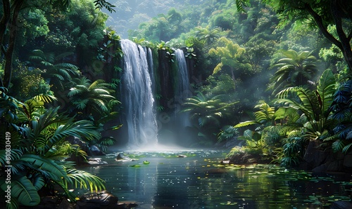 waterfall ecosystem with showcasing diverse plant and animal species thriving in the lush green environment, preserving natural habitats photo