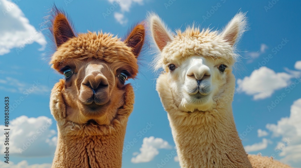 funny alpacas together on the background of blue sky . Generative Ai