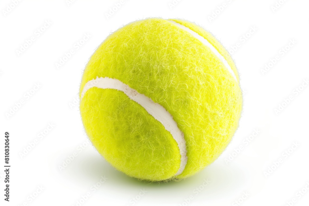 Close-up of a fluorescent yellow tennis ball with visible texture, isolated on a white background