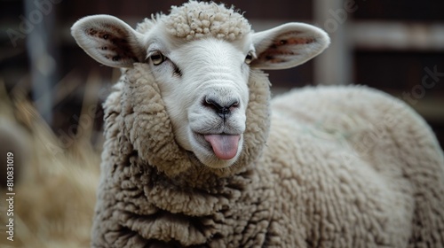 Funny sheep. Portrait of sheep showing tongue. Generative Ai photo