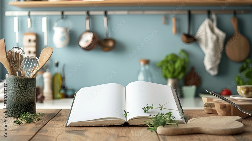The minimalist-style kitchen table hosts a recipe book mockup, accompanied by a curated selection of kitchen utensils. Against a backdrop of clean lines and neutral tones, the mockup exudes simplicity The minimalist-style kitchen table hosts a recipe book mockup, accompanied by a curated selection of kitchen utensils. Against a backdrop of clean lines and neutral tones, the mockup exudes simplicity