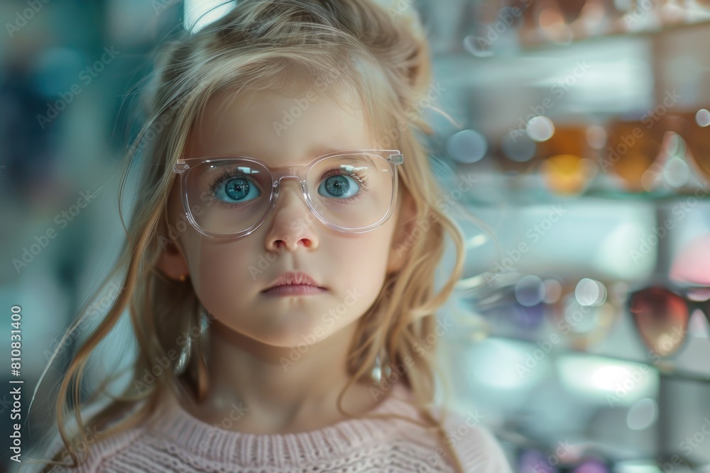 Young girl with glasses shopping in store, ideal for retail concepts