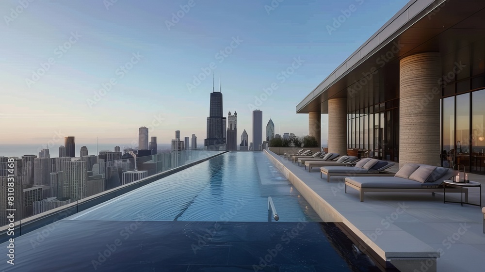 Fototapeta premium A stylish rooftop pool with infinity edges, sleek lounge chairs, and panoramic views of a modern skyline stretching out to the horizon.