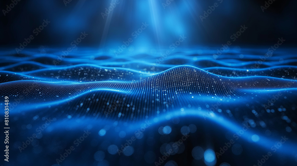 Dynamic circle grid particle wave flowing in blue cyberspace with volumetric spotlight, abstract beautiful futuristic data technology motion background with copy space for adding logo or text design. Dynamic circle grid particle wave flowing in blue cyberspace with volumetric spotlight, abstract beautiful futuristic data technology motion background with copy space for adding logo or text design.