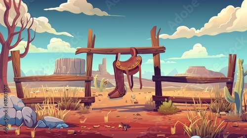 A horse saddle hangs from a wooden fence in a wild west landscape. Cartoon background of a Mexican or American ranch with cowboy equipment and desert land. photo