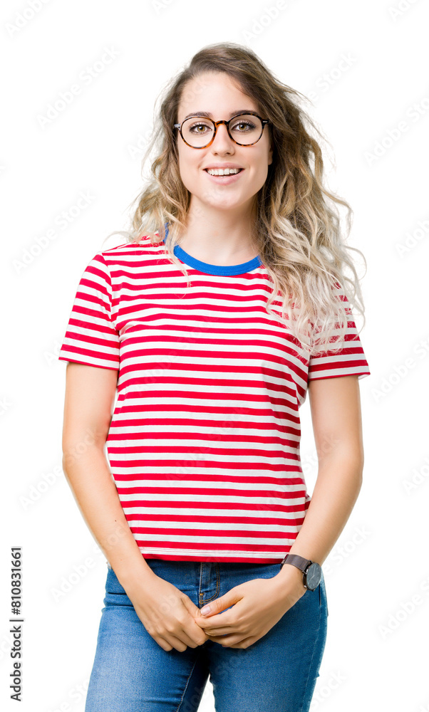 Beautiful young blonde woman wearing glasses over isolated background with a happy and cool smile on face. Lucky person. Beautiful young blonde woman wearing glasses over isolated background with a happy and cool smile on face. Lucky person.