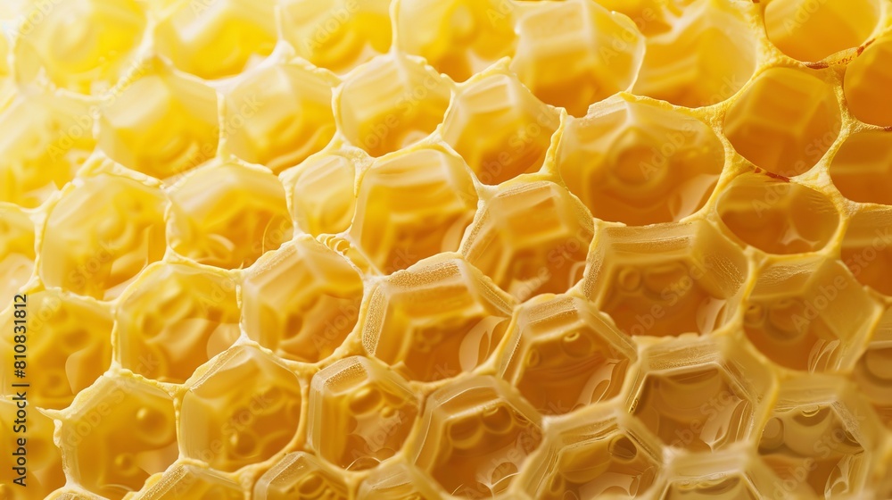 Imagine a close-up view of a luscious slice of honeycomb, captured in vivid detail against a clean, white background. The honeycomb glistens with golden hues, its delicate structure illuminated Imagine a close-up view of a luscious slice of honeycomb, captured in vivid detail against a clean, white background. The honeycomb glistens with golden hues, its delicate structure illuminated